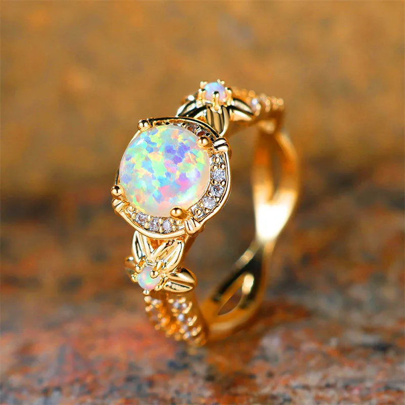 Cute Female Round White Fire Opal Stone Ring Yellow Gold Color Flower Engagement Charm Wedding Jewelry For Women