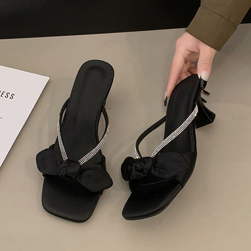 

Crystal Slippers Women Bow Sandals Luxury High Heels Shoes Chunky Walking Comfort Shoes Dress Pumps Elegant Slides Muje Zapatos