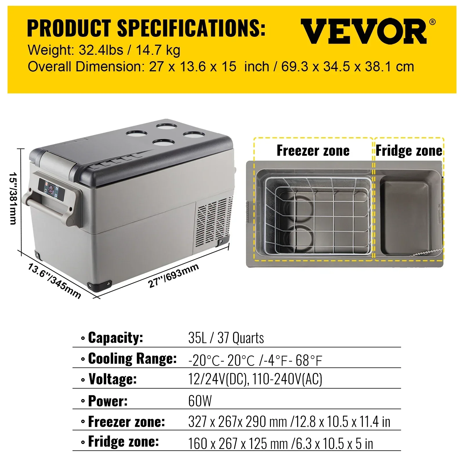 VEVOR 35L 45L 55L Autokühlschrank Mini-Kühlschrank mit Gefrierfach Tragbarer Kompressorkühler 12/24V DC 110-240V Eisbox für Camping 4