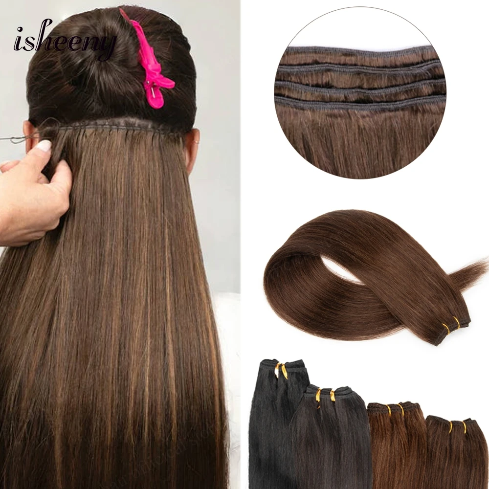 Isheeny Real Human Hair Weft Extensions 12inch-24inch Natural Straight Double Machine Weft Hair Bundles 50g Sewing In Hair