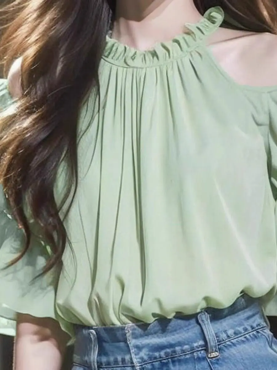 Korea Female Tops Thin Style Off Shoulder Half Sleeve Women'S Shirt And Blouse Fine Elegant Modern Cool Tall Vintage