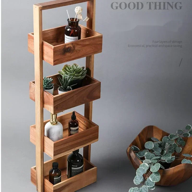 Ins Nordic Wind Acacia Wood Multi-layer Storage Rack Floor-to-ceiling Bathroom Rack Home Living Room Kitchen Wood Storage System