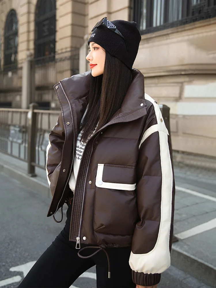 PU Leather White Duck Down Down Jacket Women Short Overcoat 2024 Winter New Authentic Contrast Stitching Thicke Warm Parker Coat