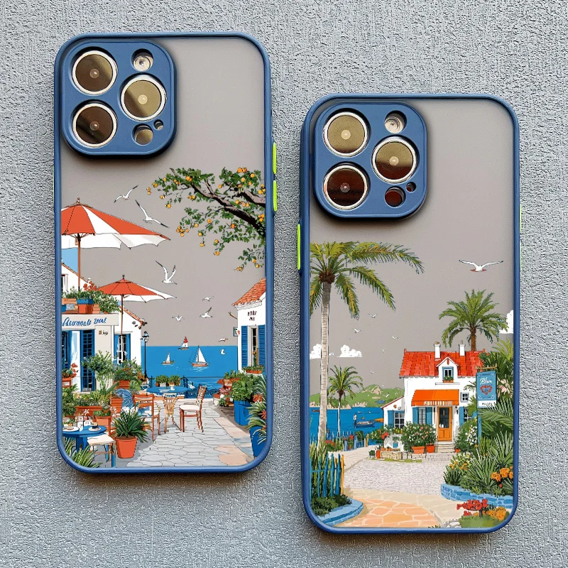 

Seaside Scenery Coast Beach Town Phone Case For iPhone 15 16 14 Pro Max Plus 13 12 Mini 11 Pro Max XS XR X 7 8 Plus Blue Covers