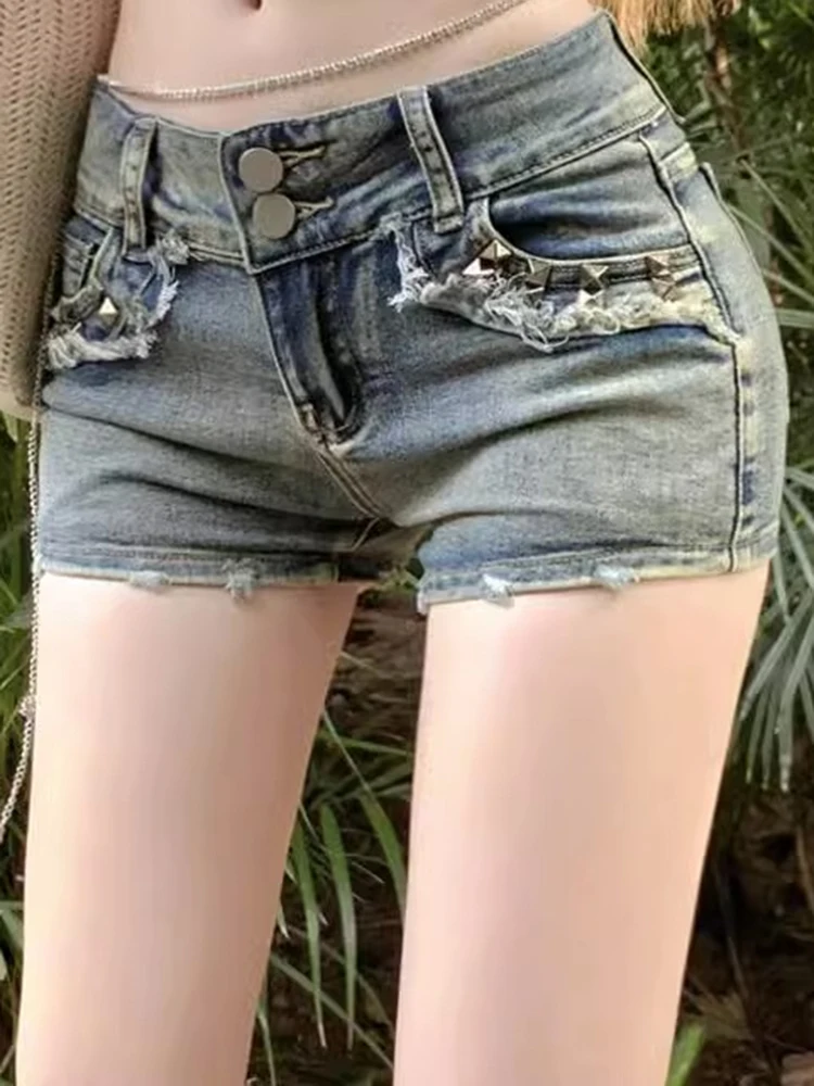 Frauen Koreanische Retro Y2k Shorts Hosen Dame Vintage High Street Hot Hosen Weibliche Blau Niedrigen Taille Elastische Gewickelt Hüfte Kurze Jeans – Detail 7