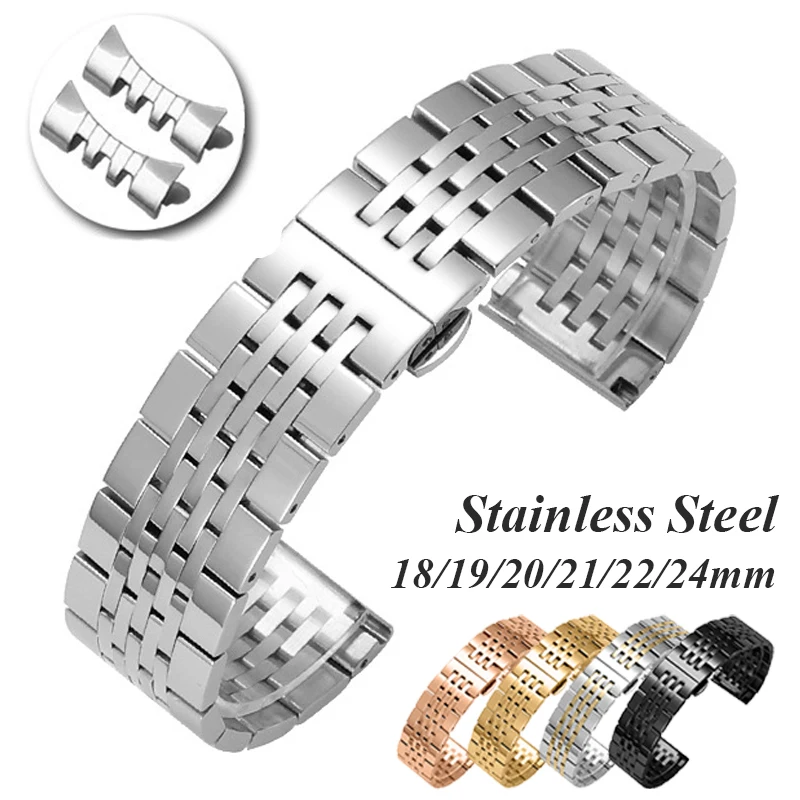 Solid Stainless Steel Arc Flat End Watchband Butterfly Clasp Strap for Tissot Universal Metal Wristband 18 19 20 21 22 23 24mm