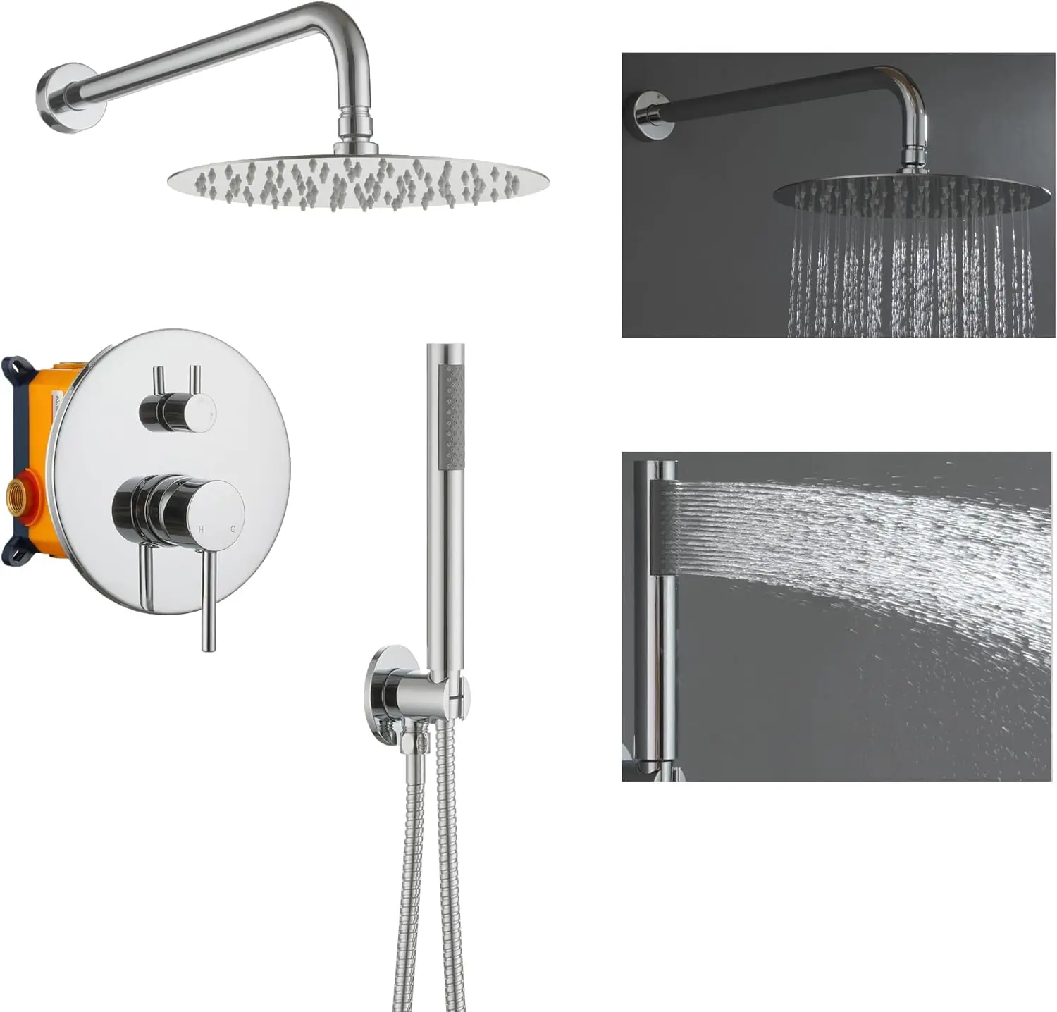 10 Inch Shower Faucet Set Chrome Round Shower System Luxury Rainfall Shower Head With Handheld Combo - Pressure Balance Valve