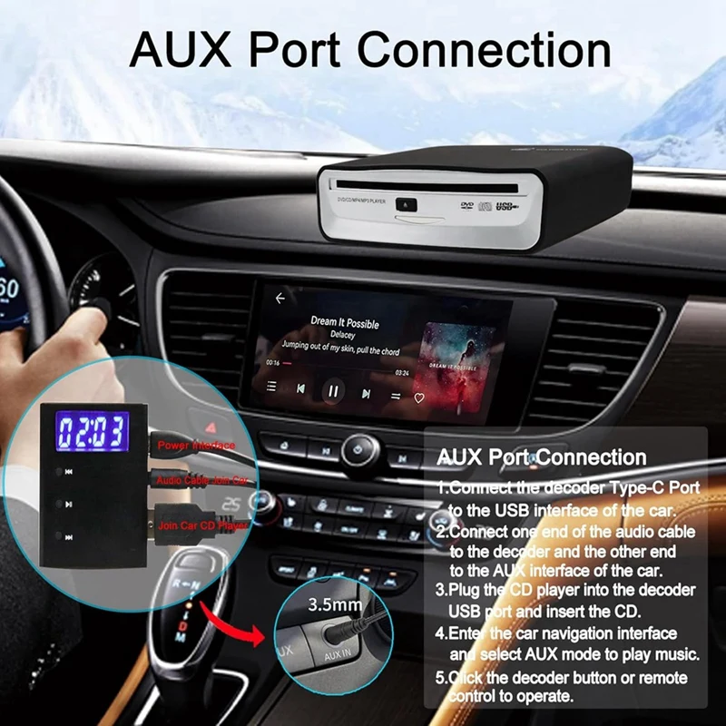B34B-Portable CD Player Decoder For Car, Auxiliary AUX CD Decoder Conversion Adapter, For Car Which Don't Support WAV Audio