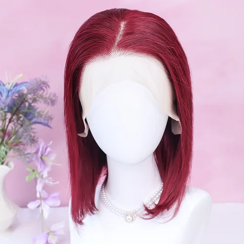 Imagen 1 del producto Pelucas frontales de encaje 99J rectas 13x4, cabello humano brasileño de color rojo burdeos, pelucas de cabello humano prearrancadas de 8-16 pulgadas ﻿