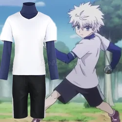Men Women Halloween Outfits Anime Cosplay Killua Zoldyck Costume Full Sets ( Outwear + Tops + Shorts )