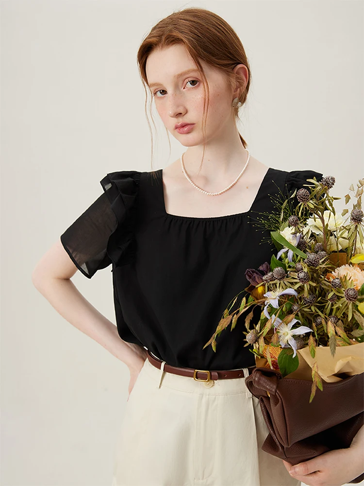 FSLE Women Summer Black Cotton Short Sleeve Blouse Square Neck Ruffled Sleeve Shirts 56.3% Lyocell Apricot Tops 24FS12994