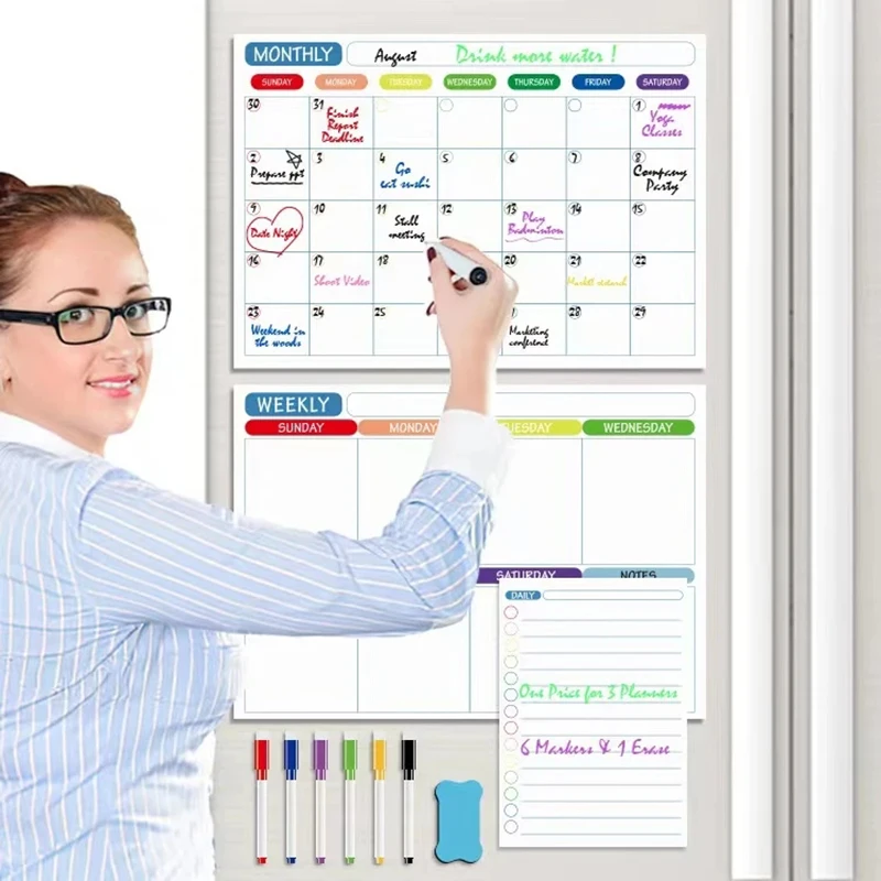 2023 New Magnetic Monthly Weekly Planner Calendar Table Dry Erase Whiteboard Blackboard Fridge Sticker Message Board Menu