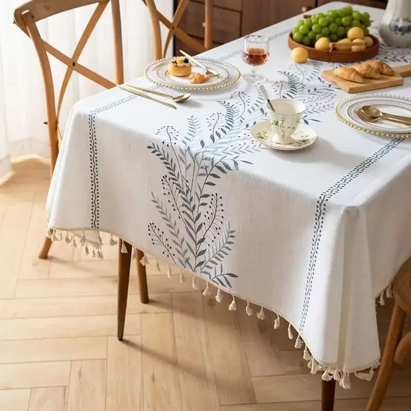 Cotton and Linen Fabric Tablecloth Small Fresh Embroidered Waterproof Dining Table Cloth Rectangular Coffee Table Cloth