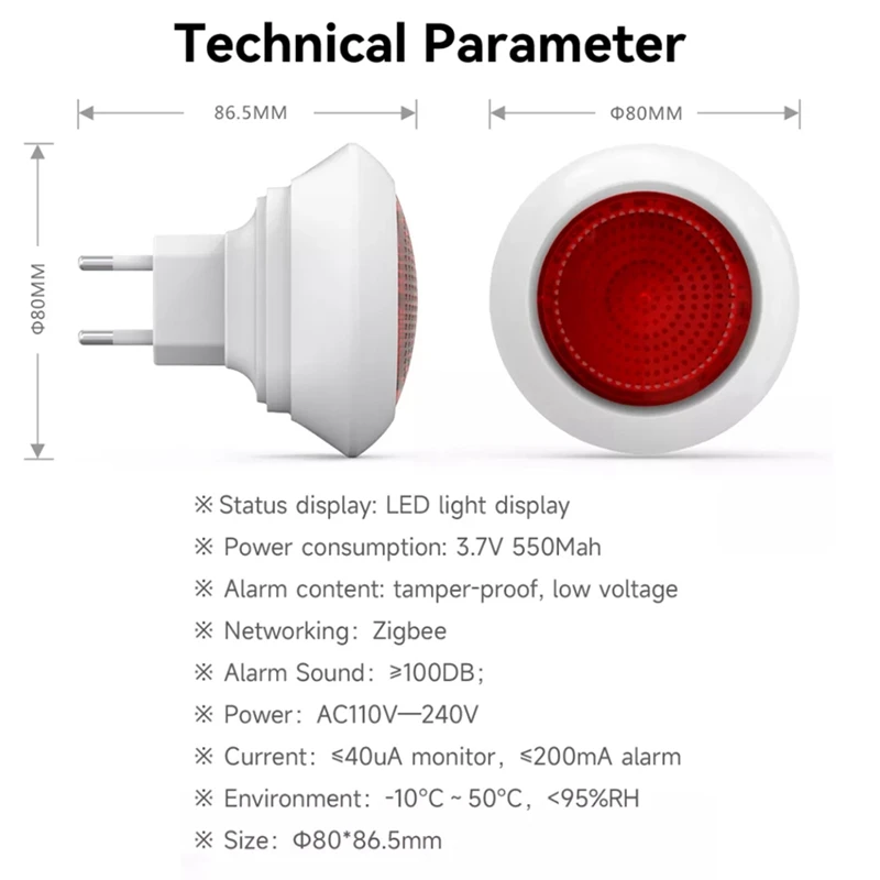 Tuya Sound Light Sensor Built-In 100DB Siren Alarm Linkage Security Protection Control Via Smartlife APP Zigbee EU Plug