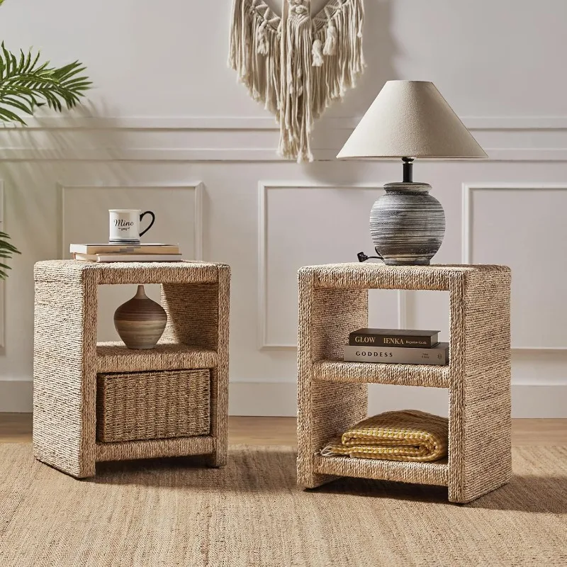 

Тумбочка из ротанга с двумя открытыми полками, прикроватный столик из морских водорослей, набор из 2 шт. (натуральный)