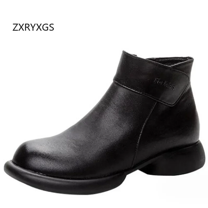 ZXRYXGS 2024 British Retro Autumn Genuine Leathe Boots Single Shoes Low Heels Women Boots Side Zipper Casual Stylish Boots