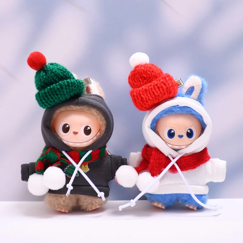 Nieuwe kerstoutfit voor 10 cm 4e generatie Mini LABUBU Pin For Love Series Sneeuwpop-thema Hoodie met muts en sjaal Set Feestelijke stijl