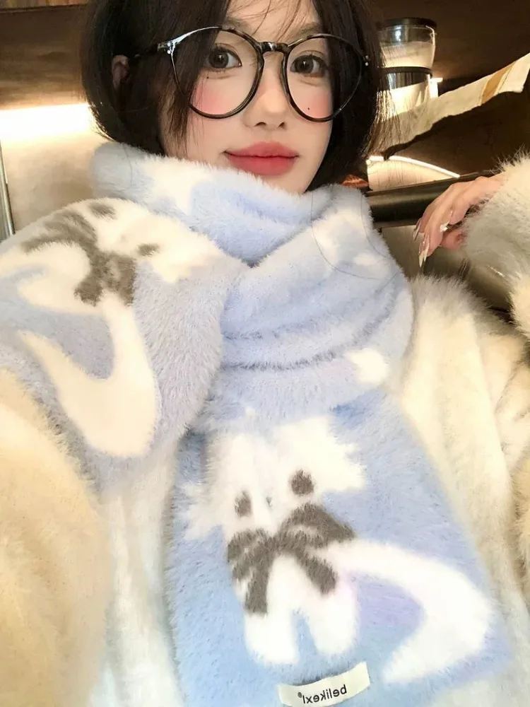 Cute Blue Cat Plush Scarf for Women Scarves Winter Student-Inspired Vibe Thick Warm Cold-Resistant Neck Warmer Hijabs Poncho