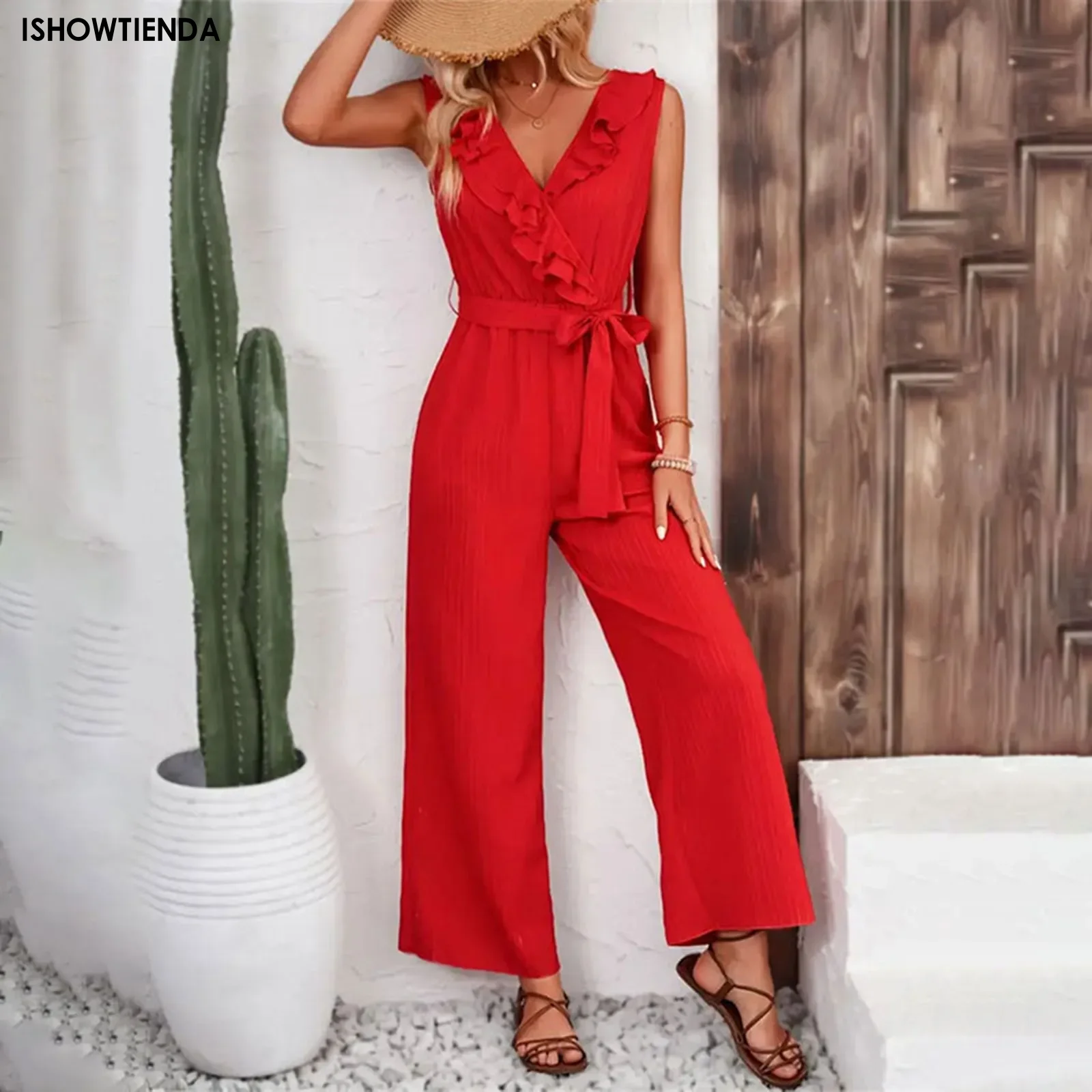 Summer Women's Jumpsuits Fashion Trend Ruffled Sleeveless V-neck Belt Wide Leg Straight Rompers Daily Casual Vacation Jumpsuits