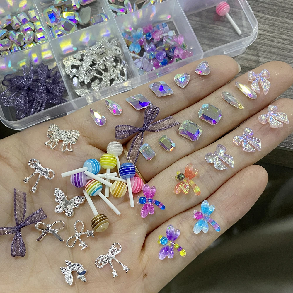 12Grids Mixed AB Rhinestone Dragonfly Bow Nail Charms Butterfly Ribbon Lollipop Nail Art Decorations DIY Manicure Accessories &