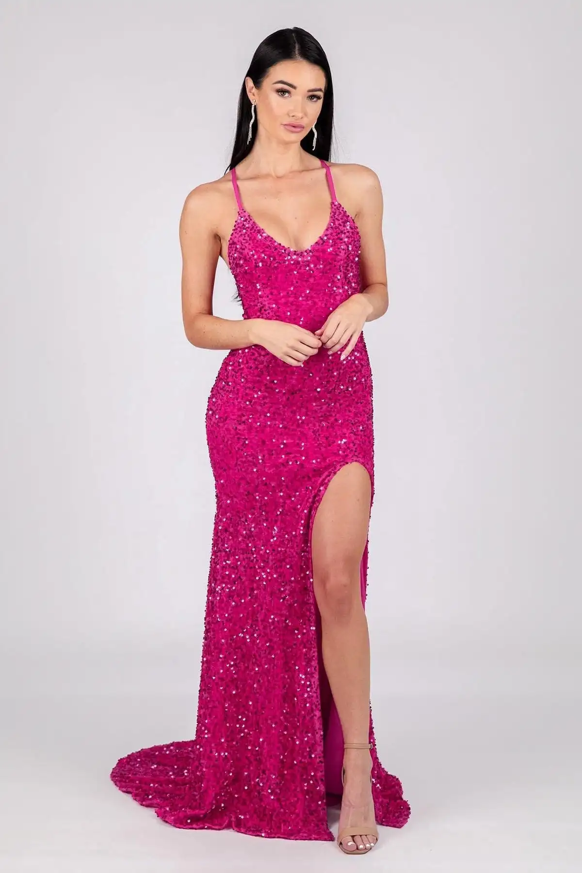 Dazzling Sequin V-Neck High Slit Backless Criss-Cross Lace Up Homecoming Dresses Valentine\'s Day Cocktail Party Evening Gowns