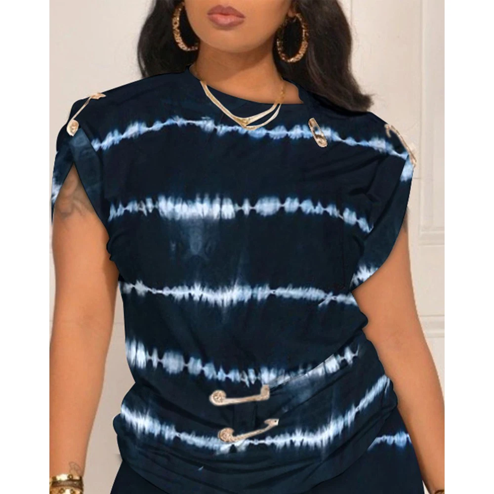 Conjunto de shorts de duas peças de cintura alta, estampado diário Tie Dye, azul marinho, plus size