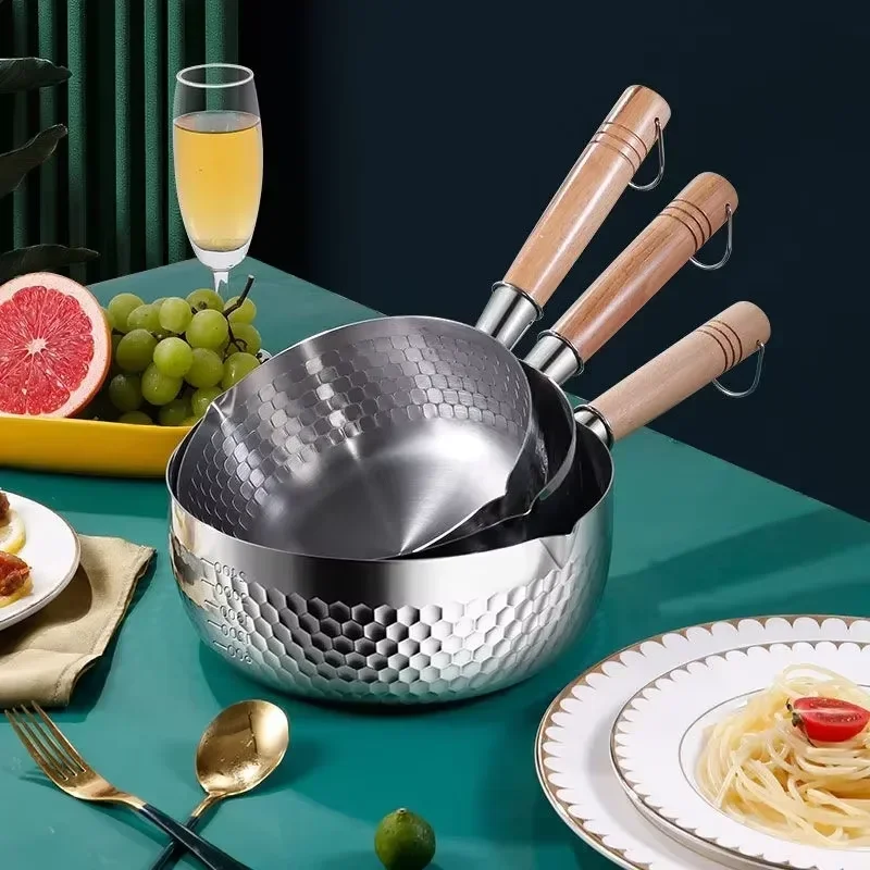 مقلاة من الفولاذ المقاوم للصدأ 316 بمقبض من الخشب الصلب مع خطاف مقلاة صلصة متعددة الأغراض مع فوهات صب، وعاء صلصة، وعاء الطبخ