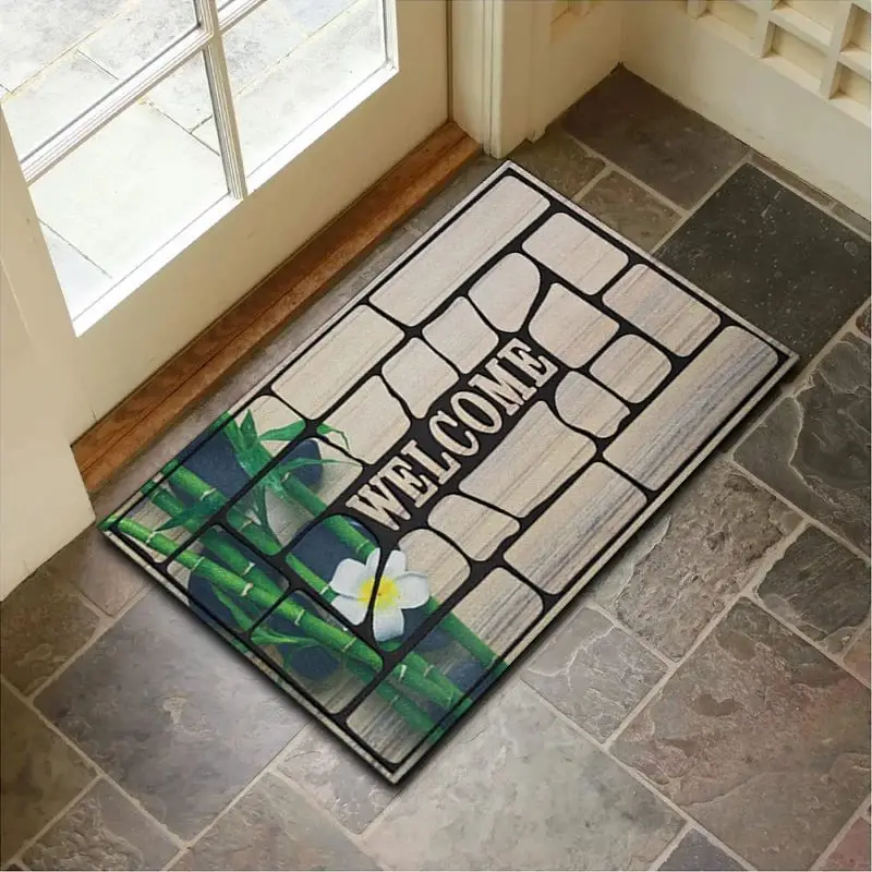 VIKAMA Natural Fiber Salutations Geometric Border Welcome Mat Grip Backed Entryway Carpet Country Floor Padding Space Decor Soft