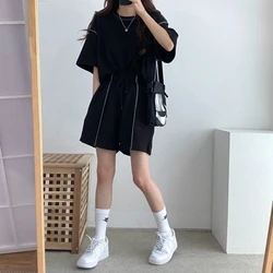 Summer Women's Short-sleeved Shorts Two-piece 2023 New Fashion Casual Sports Suit Loose Oversized Solid Color Patchwork Neutral