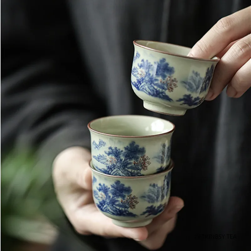

1 Pc Chinese Tradition Handmade Landscape Tea Cup Household Ru Kiln Ceramic Teacup Travel Personal Beauty Tea Bowl Teaware 55ml