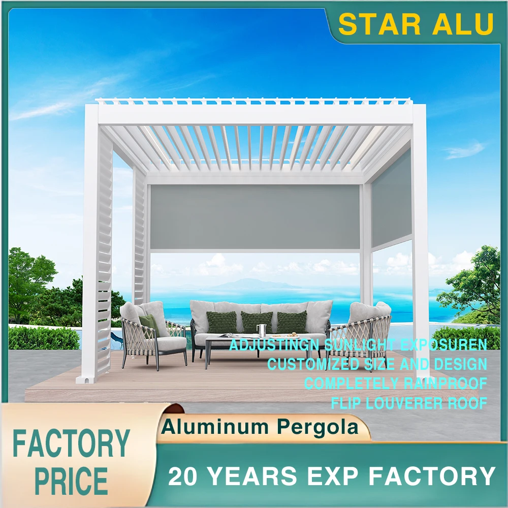 

Современная алюминиевая уличная беседка со складными стеклянными дверями и фиксированными панелями экрана — идеально подходит для террасы, сада или двора