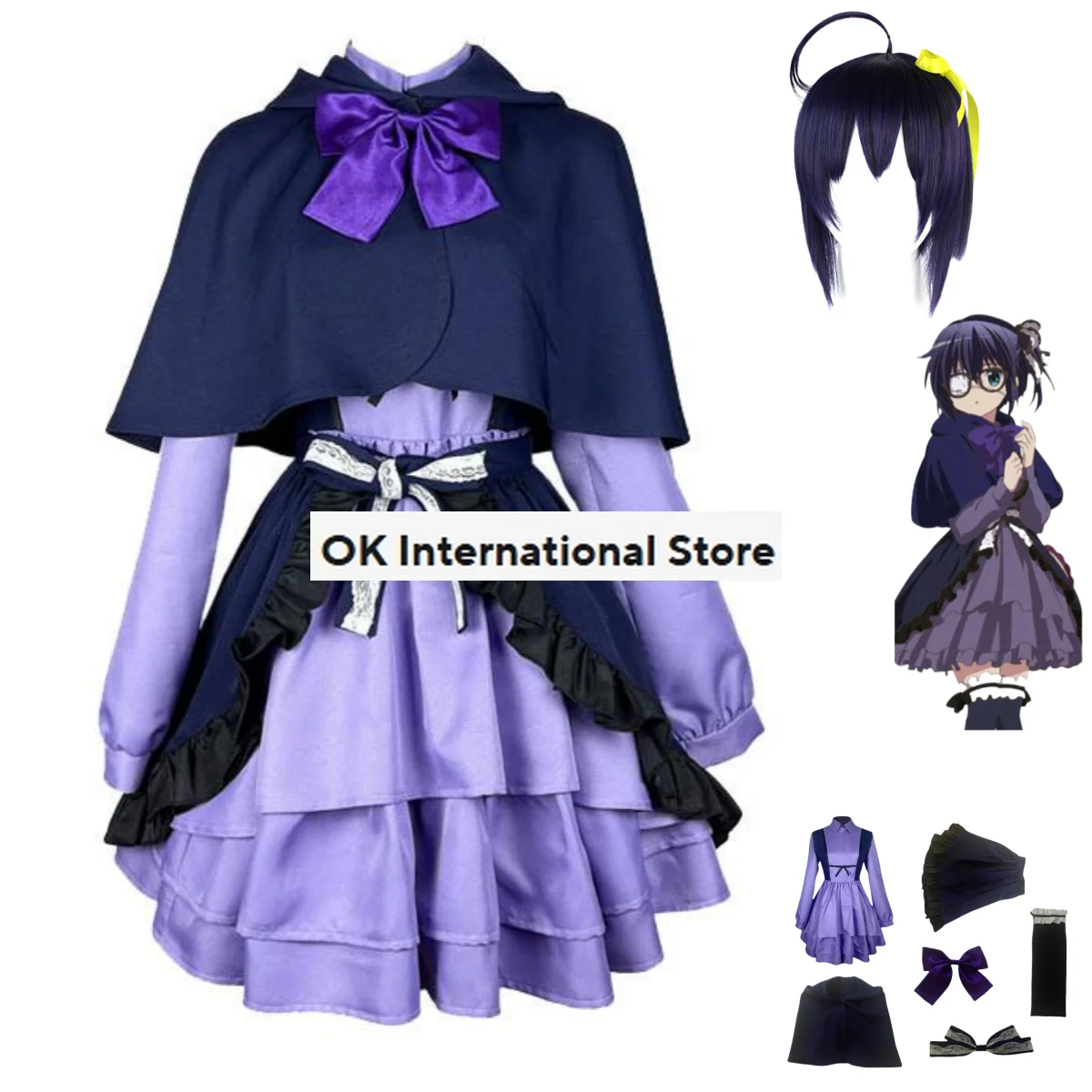 Anime Love, Chunibyo & Other Delusions Takanashi Rikka Cosplay Costume Wig Purple Appointment Dress Woman Kawaii Halloween Suit