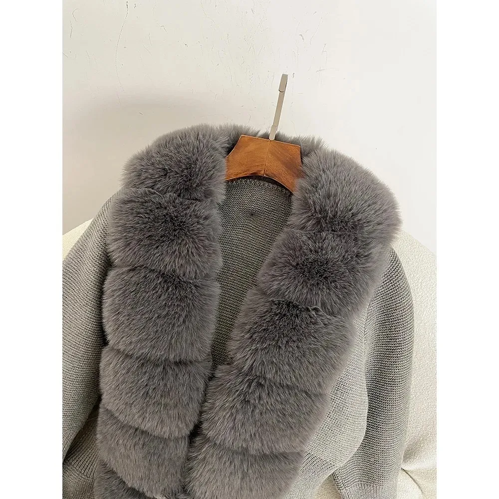 Autumn-winter Women\'s Fur Coat Luxury Patchwork Knitted Sweater Bandage Fur Cardigan Detachable Collar Jacket Fur Coat