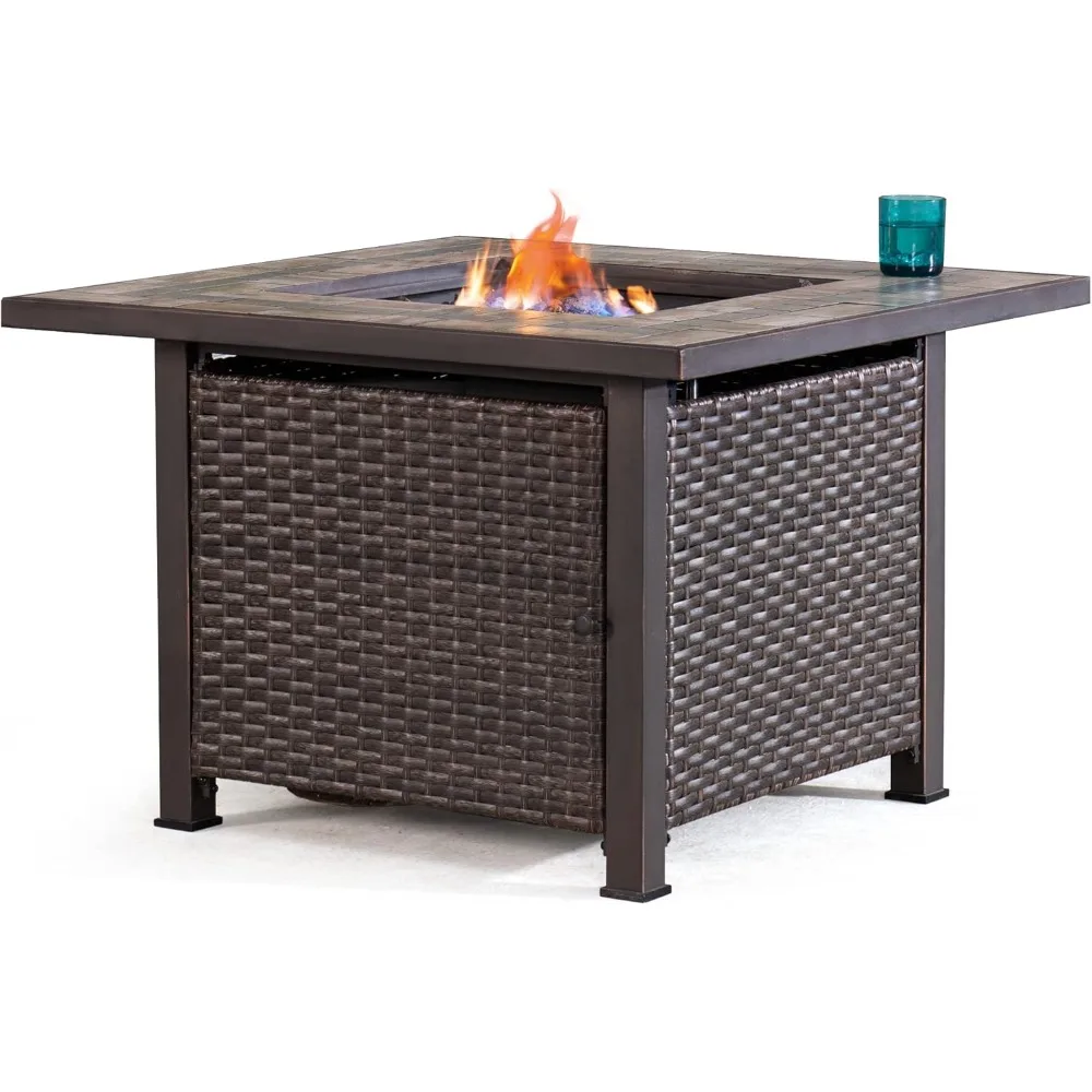 

38" Gas Fire Pit Table, Outdoor Patio Brown Square All-Weather Wicker Ceramic Tile Top Propane Burning Fire Pit Table