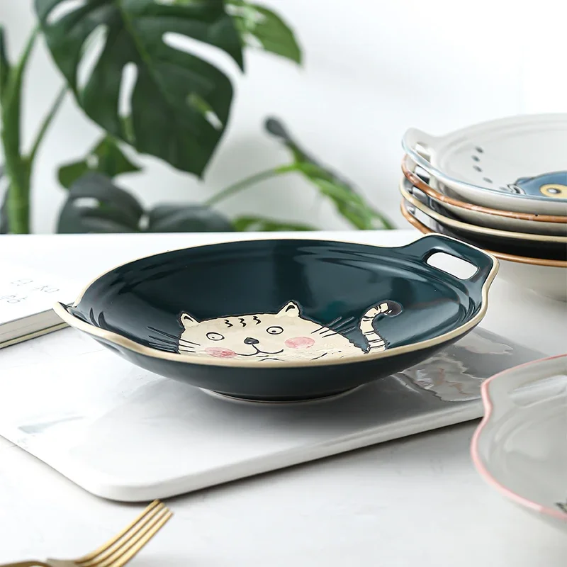 Japanese-style double ear plate ceramic creative tableware plate dish home high-end sense loaded vegetable fruit plate salad