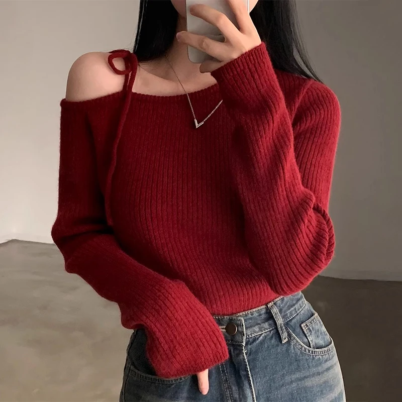 Korean Series Chic Autumn and Winter Age-Reducing Retro Design Thickened Sweater Irregular Oblique Collar Lace-up Long sleeve...