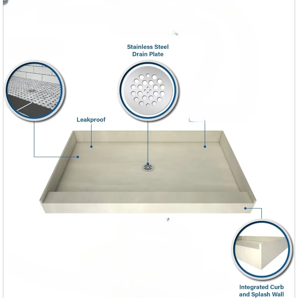 Shower Pan with Center Drain- Single Curb Shower Base, 2