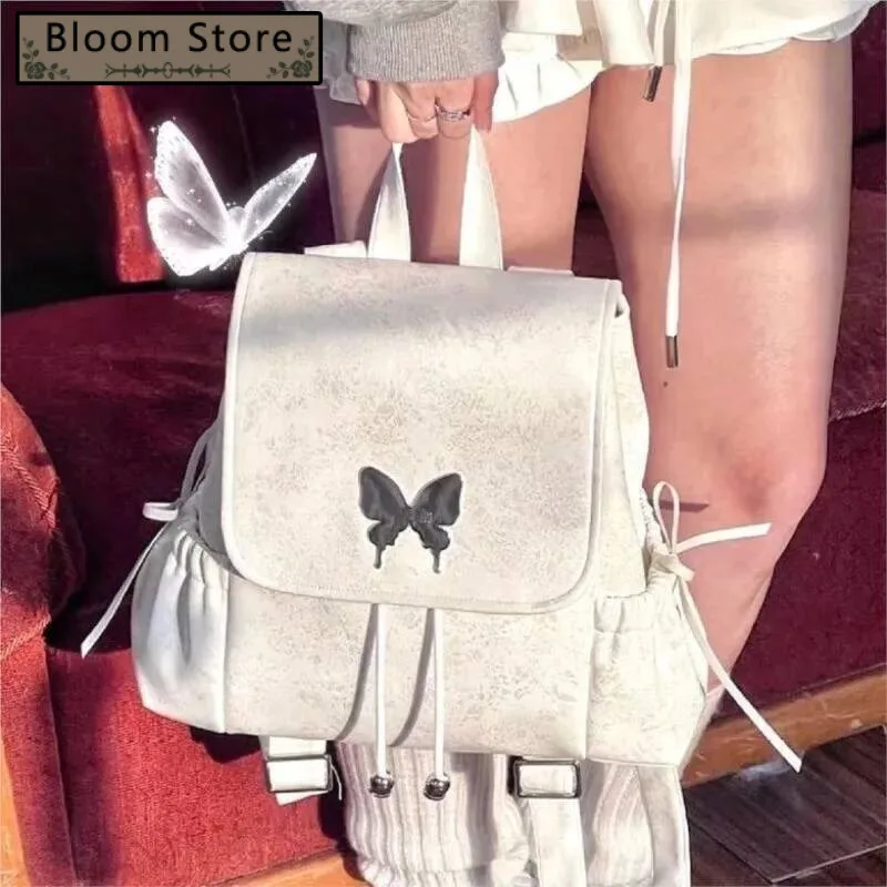 

White Ballet Style Women Bow Butterfly Patch Large Capacity Backpack Ladies Elegant Gentle Exquisite Mochilas Mujer New