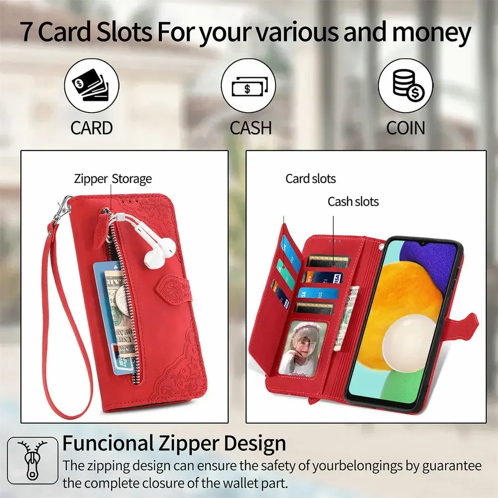 For Samsung Galaxy A57 5G Zipper Wallet Case Emboss Leather Book Etui A55 A36 A16 A17 A54 A35 A34 A15 A14 A26 A37 A56 Flip Cover
