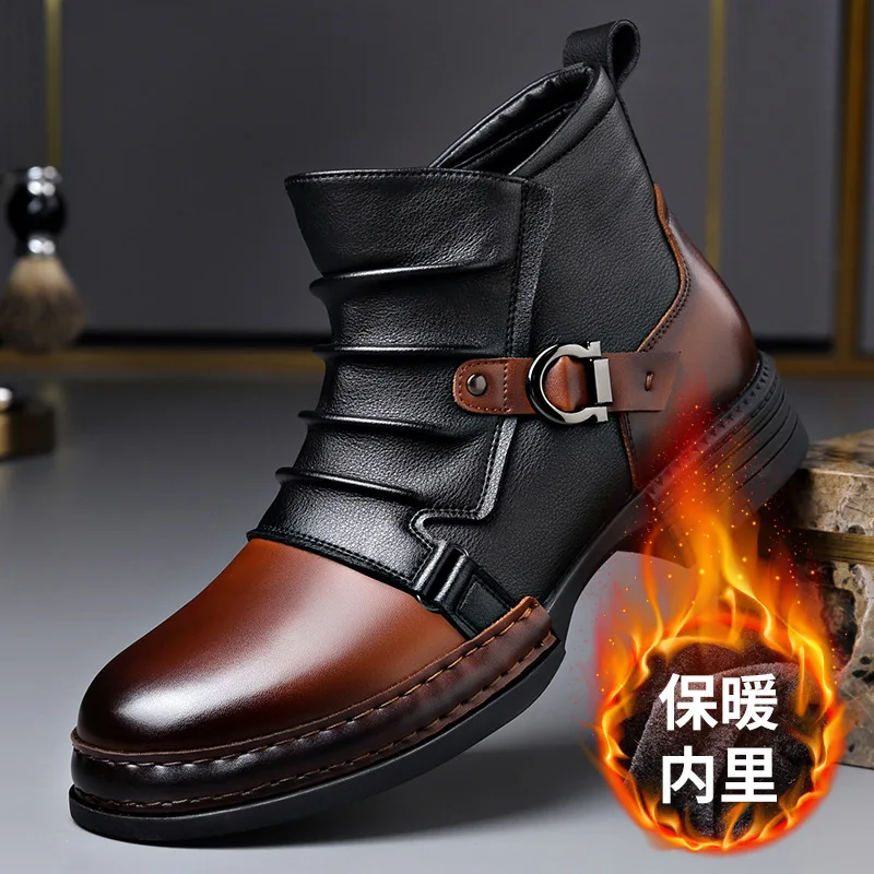 

Autumn new men's boots British style retro short boots with side zipper and velvet Chelsea boots motorcycle boots for men