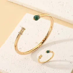 New Women's Fashion 2 Pcs Bracelet & Ring Set Color Beads Hollow Out Design Gold Open Cuff Bangle Party Jewelry Set Accessory