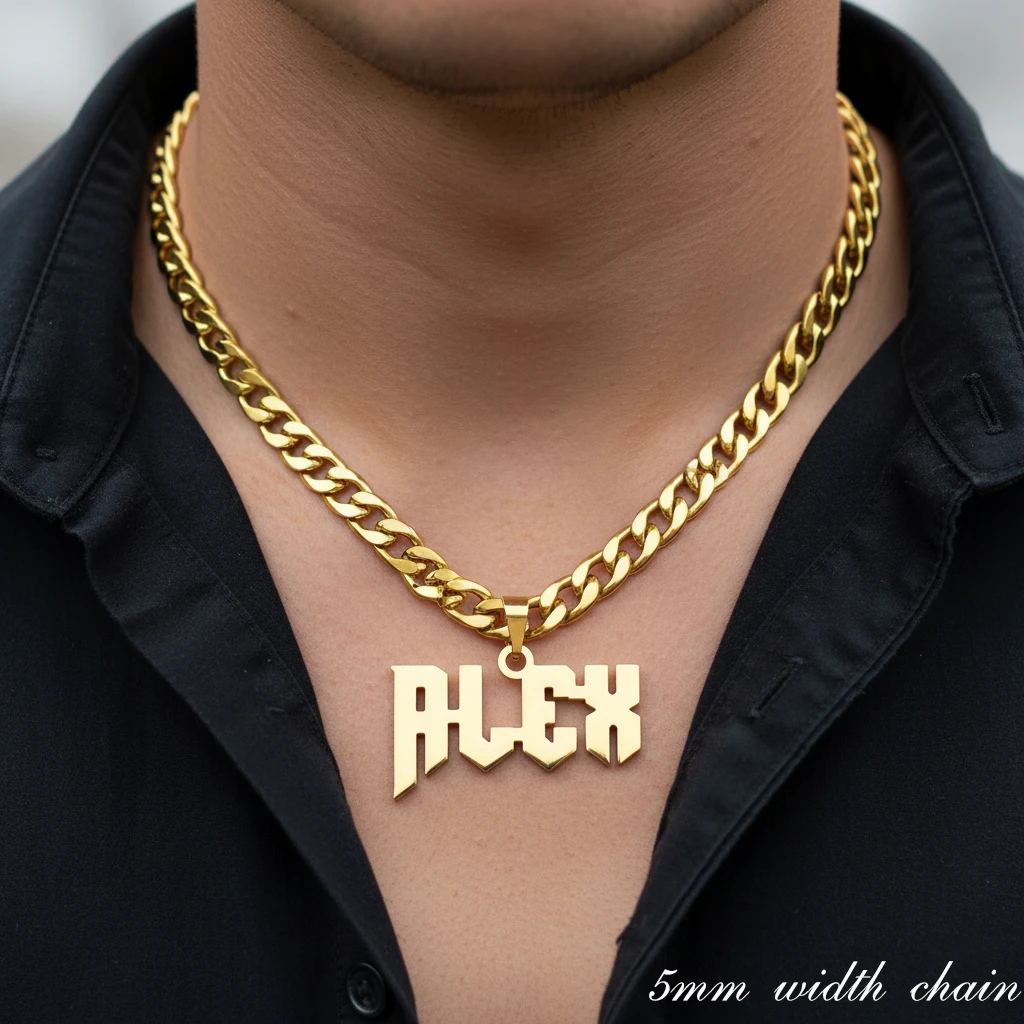 

Custom Name Necklace Jewelry Stainless Steel 18K Gold Plated Personalized Pendant for Women Men 5mm Thick Chain Frosted Style