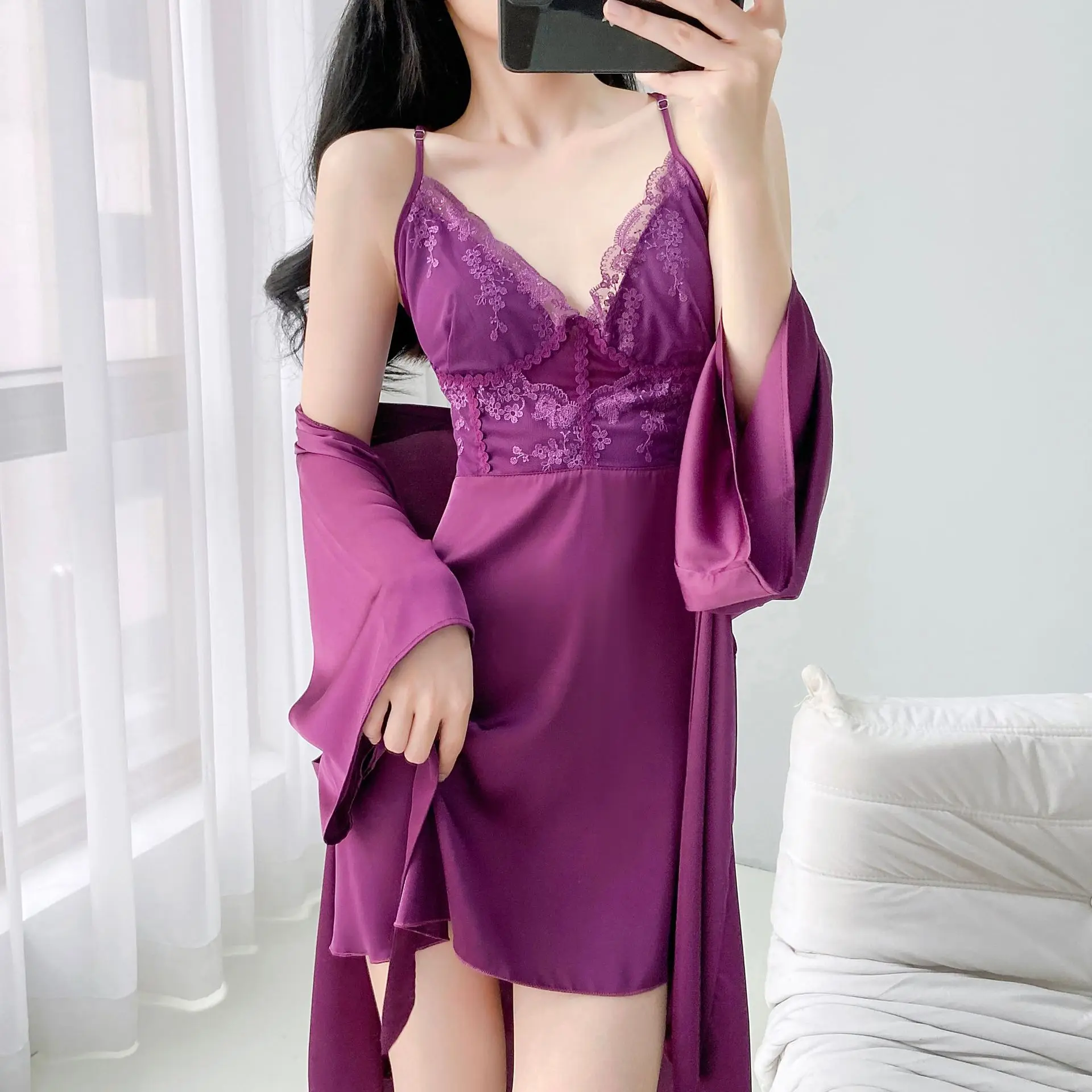 

Summer Female Twinset Robe Set Sleepwear Sexy Lace Suspender Nightgown Intimate Lingerie Silk Satin Home Clothes Loungewear