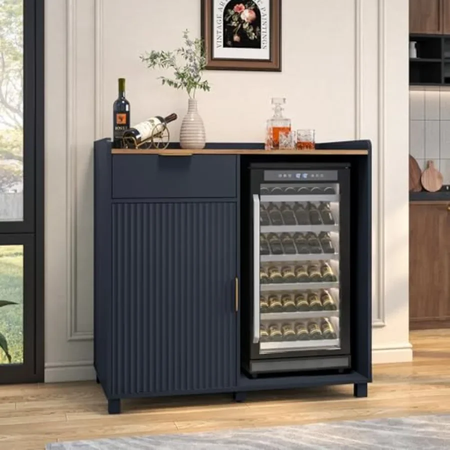 Bar cabinet with fridge space and fluted door in walnut finish for modern home bars, featuring premium wood veneer, sleek black