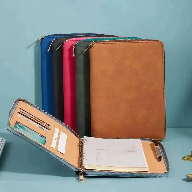 A5 Business Ring Binder Card Slots Travel With Calculator PU Leather Cover Loose Leaf Zipper Notebook Multifunctional