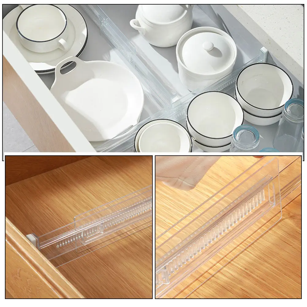 2Pcs Retractable Drawer Partition Board Multi-Functional Clear Plastic Dividers for Kitchen Bedroom Closet Drawer Organization