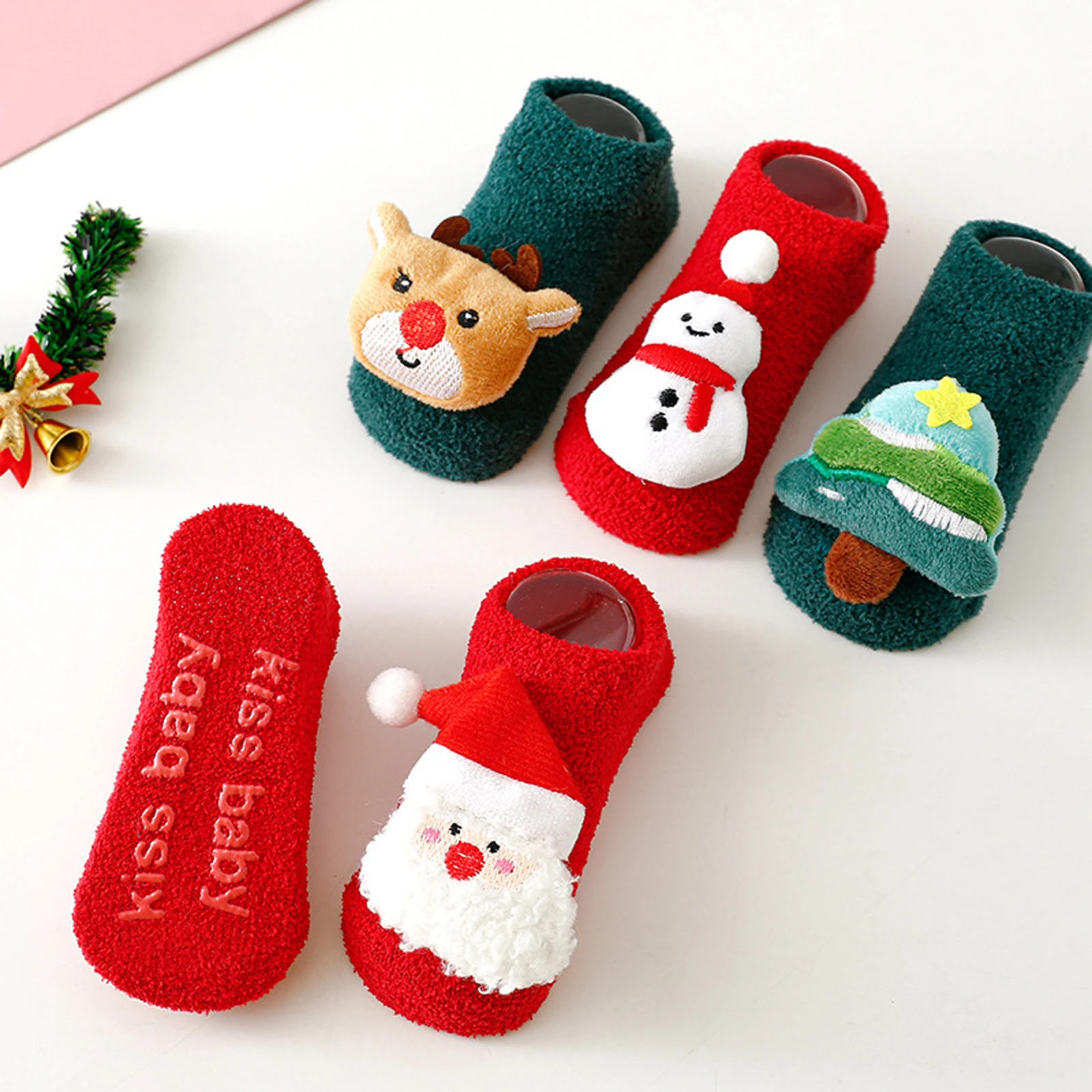 Infant Baby Boy Girl Winter Flat Shoes Socks 3D Christmas Cartoon Pattern Decorated First Walker Crib Shoes for Party, Festival