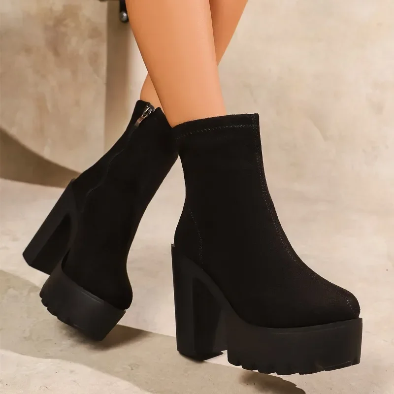 Plus-size Foreign Trade High-heeled Boots for Women 2025 Autumn New Block Heel Back Zipper Slim Booties