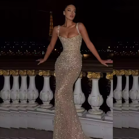 Customized Sparkling Sequins Prom Dress Spaghetti Straps Beading Party Dress robe de soir&eacute;e Luxury Evening Dress