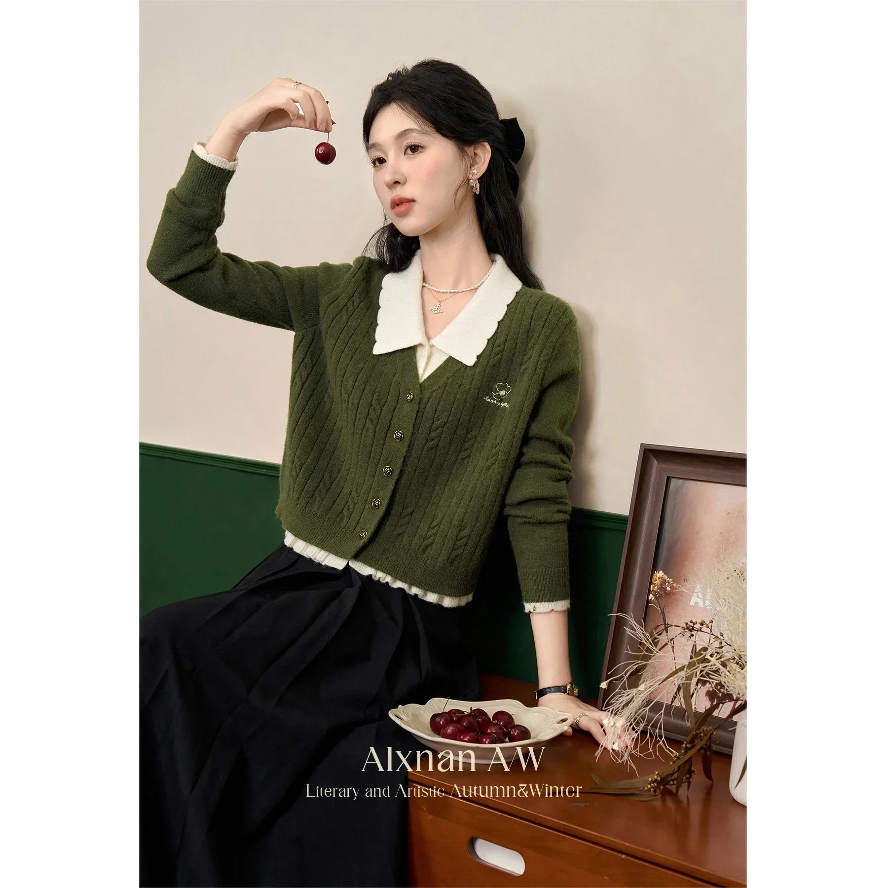 

ALXNAN женские кардиганы, цветной воротник-поло с цветочными пуговицами, зеленые свитера, осень-зима 2021, свитера с длинными рукавами DYL661280